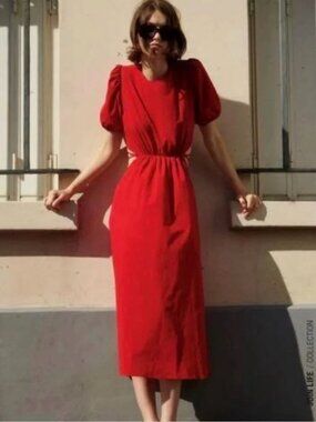 zara red open-back puff sleeve midi dress